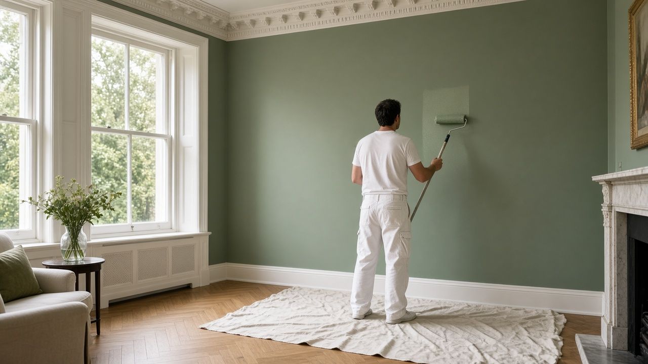 Male decorator seen from behind rolling sage green paint onto the wall of a period room