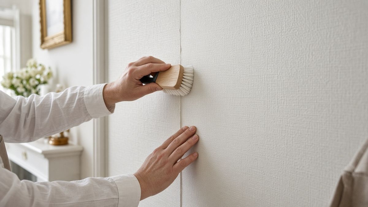 Decorator hanging wallpaper on a feature wall